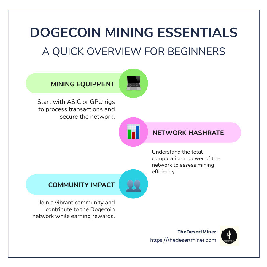 Dogecoin mining essentials infographic: including a hashrate of the network, mining equipment, and community impact - dogecoin miner infographic infographic-line-3-steps-colors