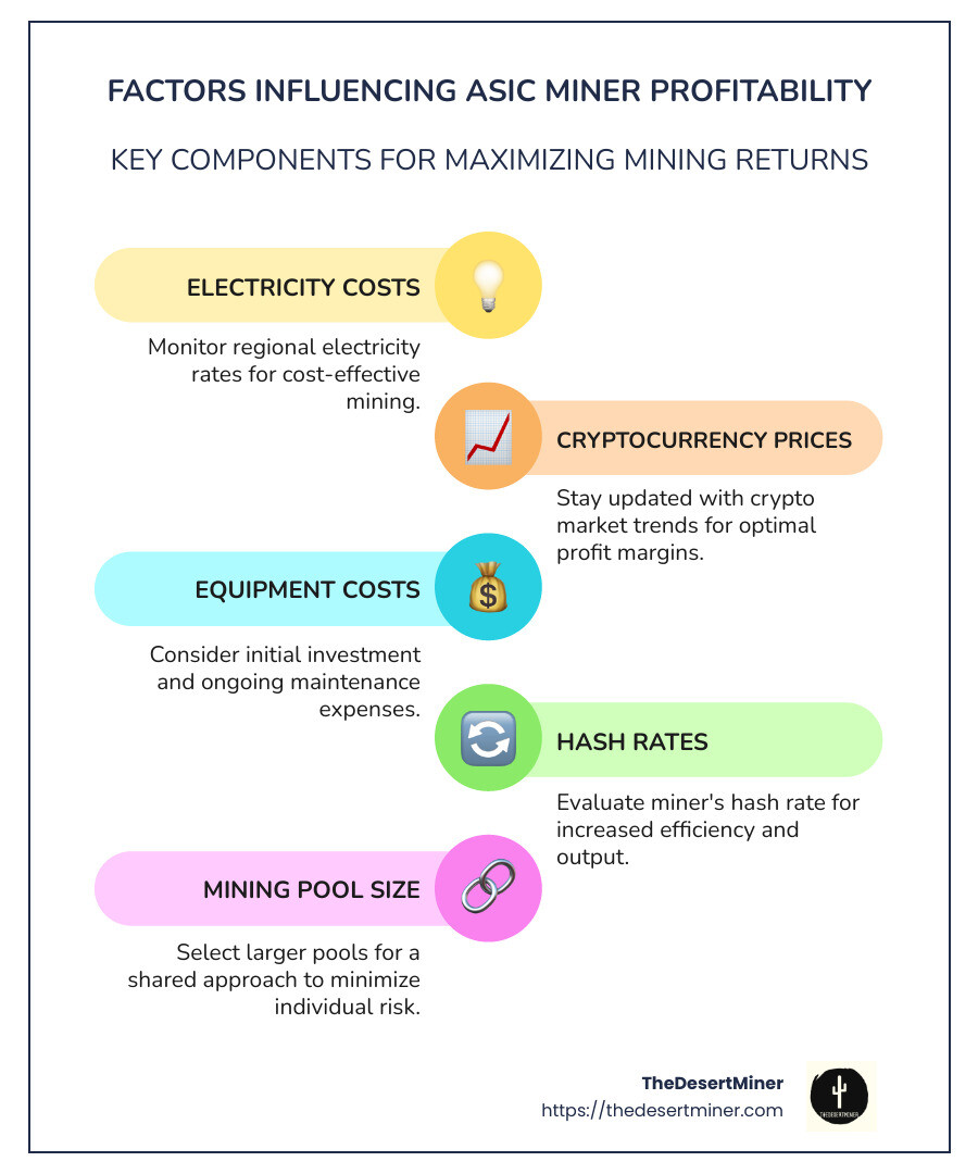 Infographic on Factors Influencing ASIC Miner Profitability: Electricity costs, Cryptocurrency market value, Equipment costs, Hash rates, and Mining pool size. Include pie charts and bar graphs for each factor for visual clarity. - asic miner profitability infographic infographic-line-5-steps-colors