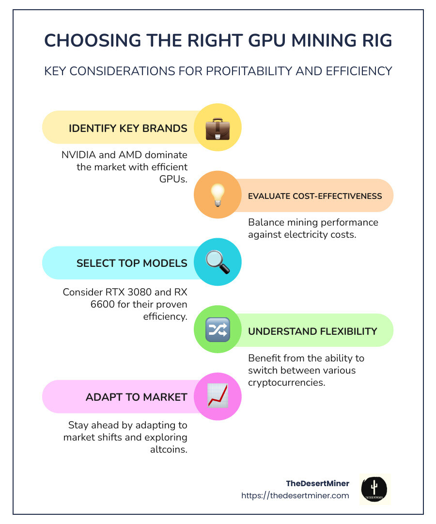 Infographic showing a quick guide on choosing the right gpu mining rig, including cost considerations, top-performing models, and their profitability metrics in cryptocurrency mining operations with icons and charts for quick understanding. - buy gpu mining rig infographic infographic-line-5-steps-colors