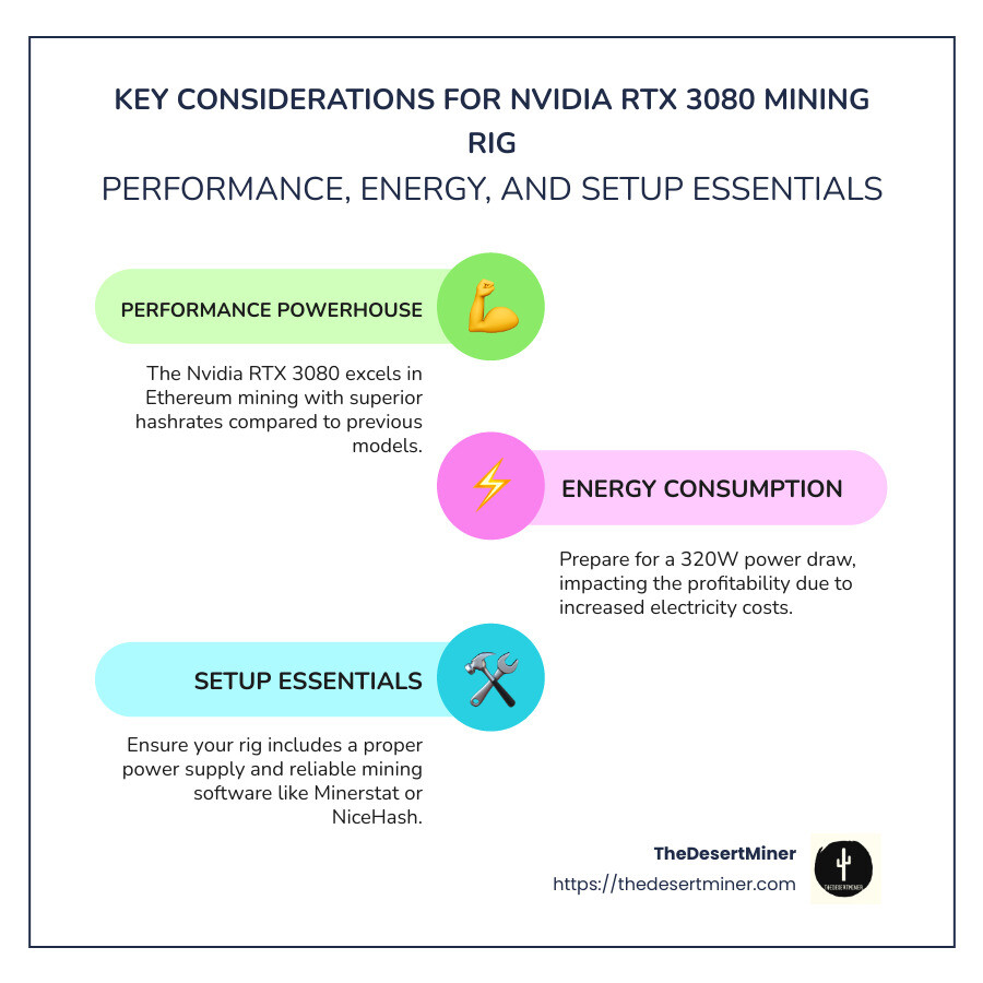 Infographic outlining key considerations for Nvidia RTX 3080 mining rig: performance powerhouse, energy consumption management, and essential setup components. - nvidia rtx 3080 mining rig infographic infographic-line-3-steps-colors