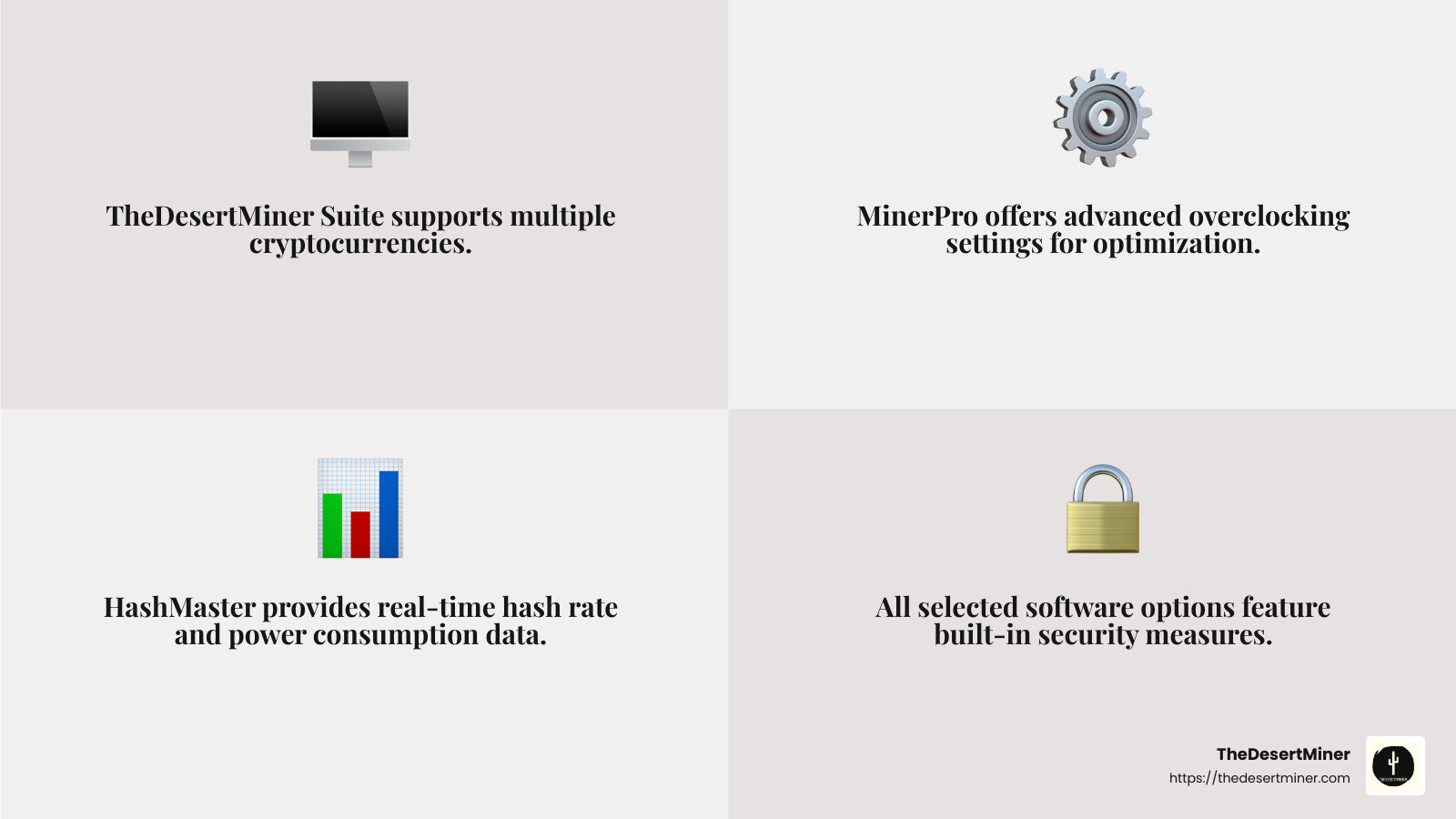 TheDesertMiner Software Suite offers tools for beginners and experts alike. - Best crypto mining software infographic 4_facts_emoji_grey