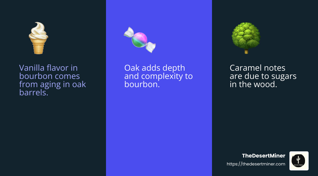 Vanilla, Caramel, Oak - Key Bourbon Flavors - bourbon tasting infographic 3_facts_emoji_blue