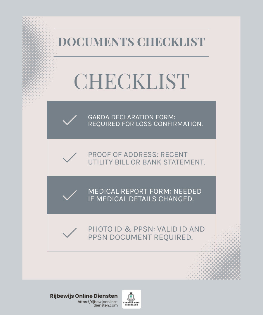 Ensure you have all necessary documents ready before applying - drivers licence lost ireland infographic checklist-light-blue-grey Ensure you have all necessary documents ready before applying - drivers licence lost ireland infographic checklist-light-blue-grey