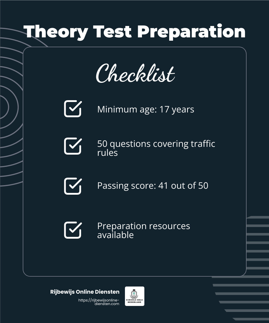Theory test preparation resources - Driving license Belgium requirements infographic checklist-dark-blue