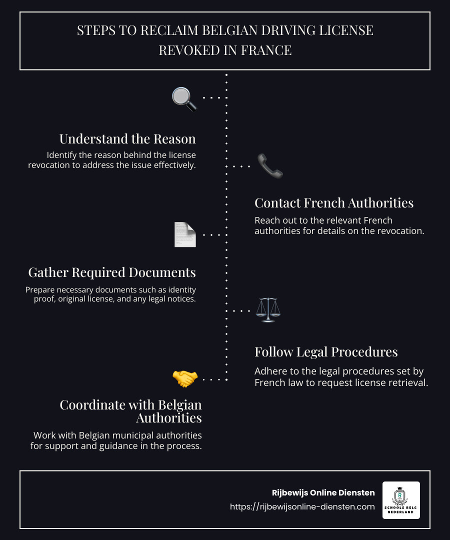 Infographic showing process to reclaim Belgian driving license after revocation in France, featuring a timeline for awaiting return - belgisch rijbewijs ingetrokken in frankrijk infographic infographic-line-5-steps-dark
