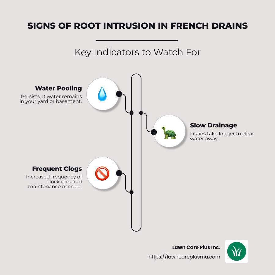Infographic showing signs of root intrusion in French drains, such as water pooling, slow drainage, and frequent clogs with icons representing each item - roots in french drain infographic infographic-line-3-steps-neat_beige