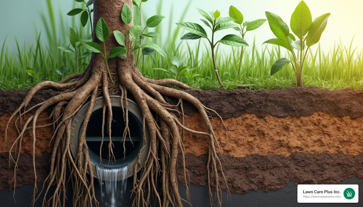 Roots seeking moisture in a drain pipe - roots in french drain
