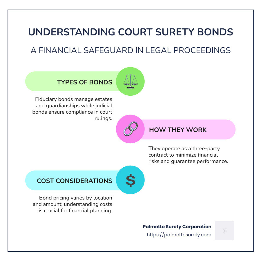 A practical guide to understanding court surety bonds 1 Infographic explaining court surety bonds as a financial safeguard in legal proceedings, highlighting key types including fiduciary and judicial bonds, and their role in minimizing financial risks in court cases across the us - court surety bonds infographic infographic-line-3-steps-colors