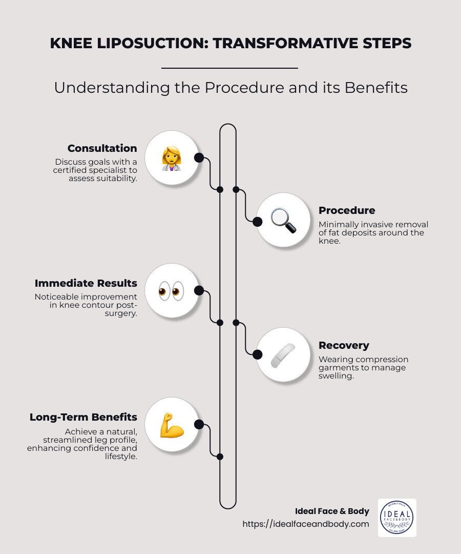 A detailed infographic comparing knee liposuction benefits and visual changes experienced before and after the procedure, using side-by-side comparison images of knees and highlighting the streamlined appearance post-procedure in a step-by-step format. - knee liposuction before and after infographic infographic-line-5-steps-neat_beige