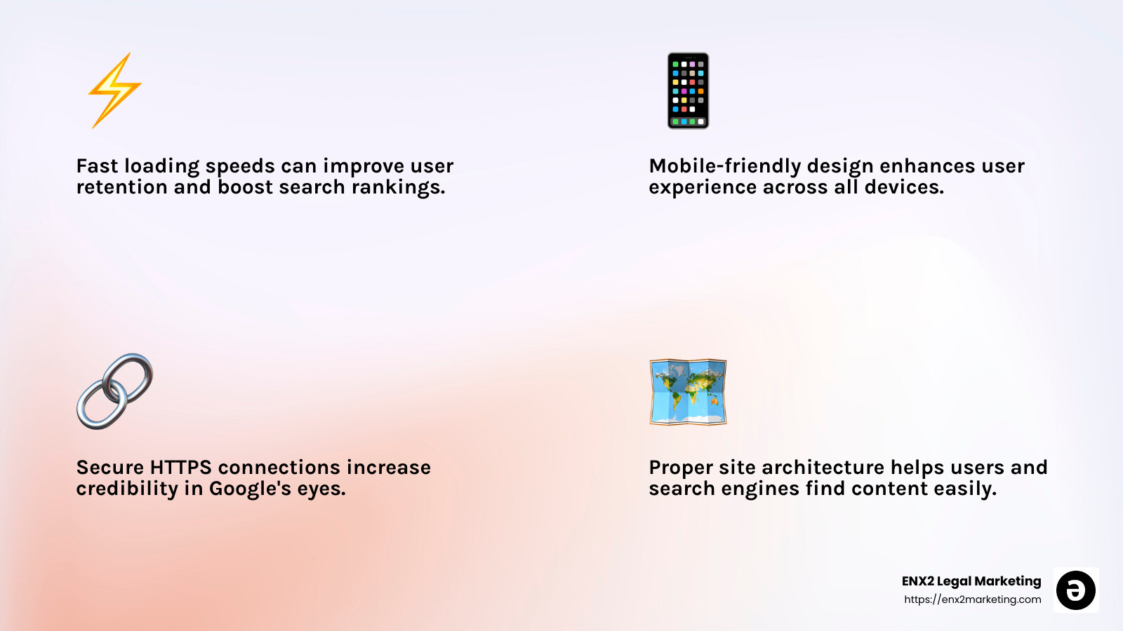 Fast loading speeds are crucial for user retention and search rankings. - lawyer technical seo infographic 4_facts_emoji_light-gradient