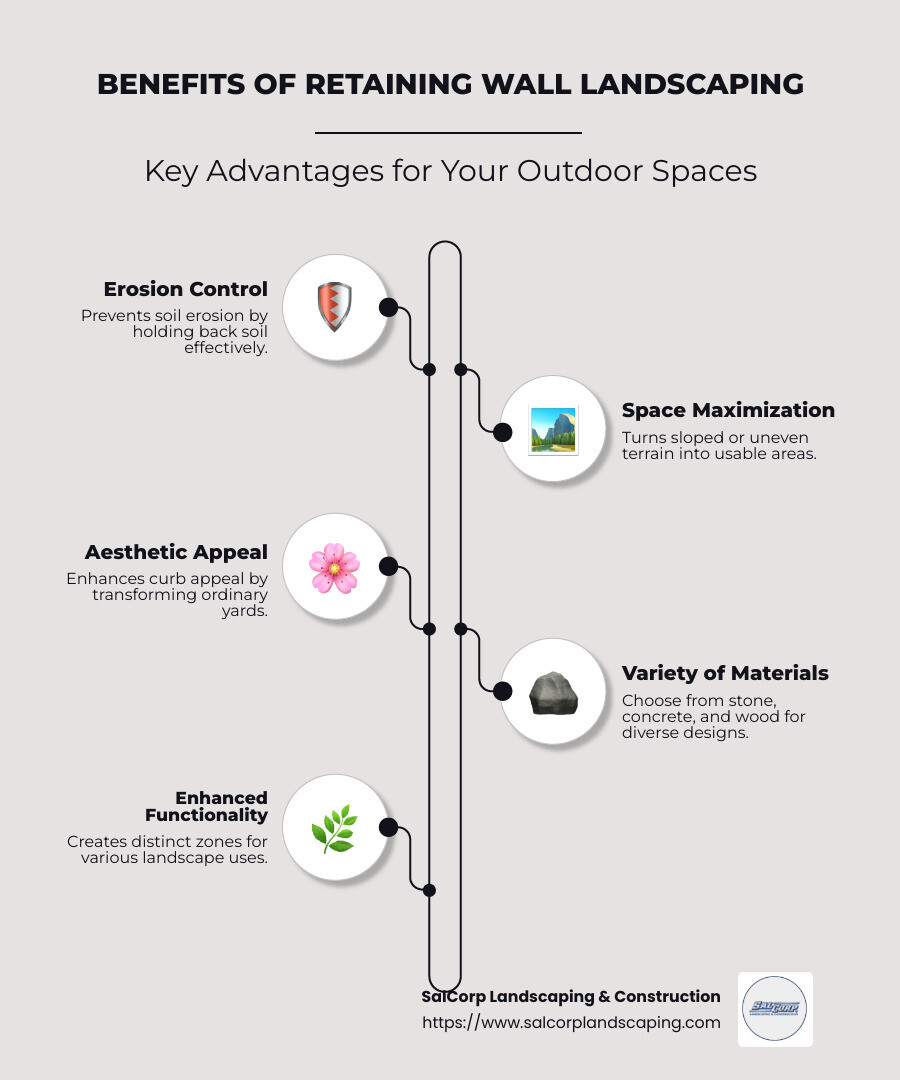 Retaining Wall Benefits – Erosion Control, Usable Space, Aesthetic Appeal, Material Variety - retaining wall landscaping infographic infographic-line-5-steps-neat_beige