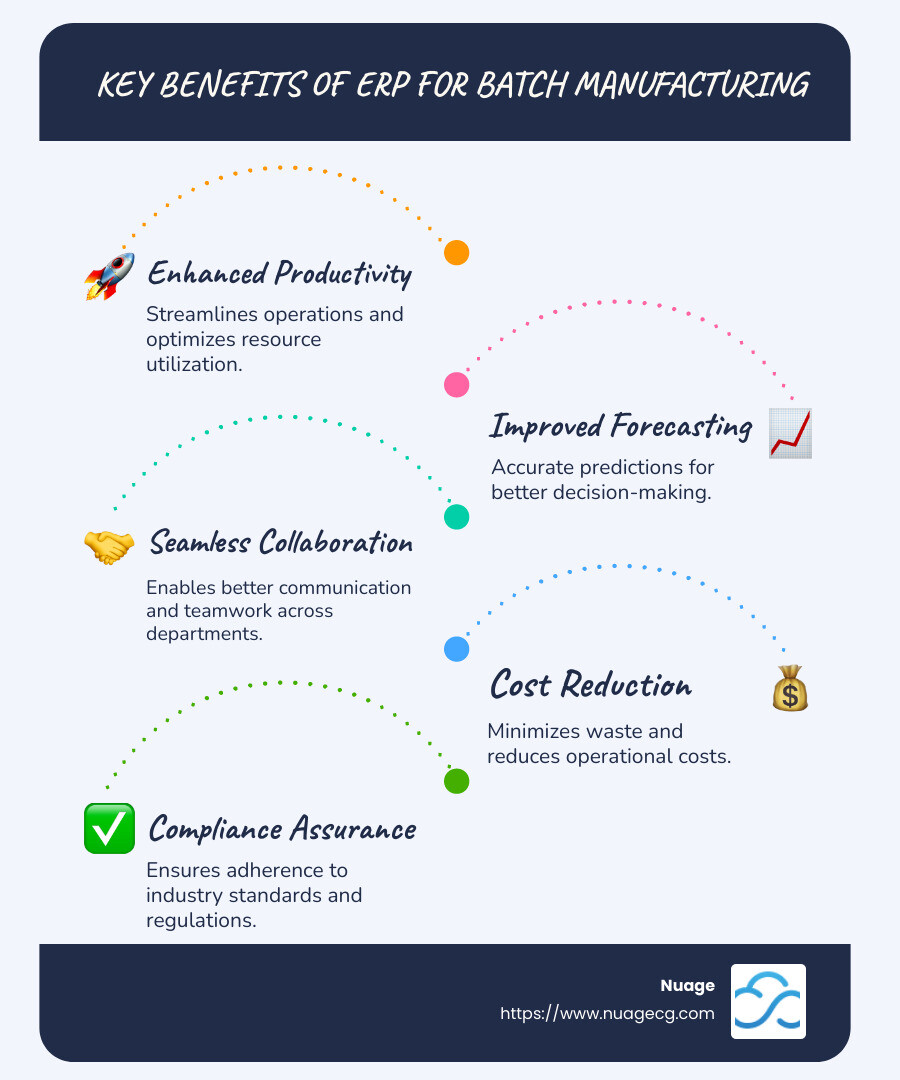 Infographic showing breakdown of ERP benefits in batch manufacturing including productivity, forecasting, and collaboration - erp for batch manufacturing infographic infographic-line-5-steps-blues-accent_colors