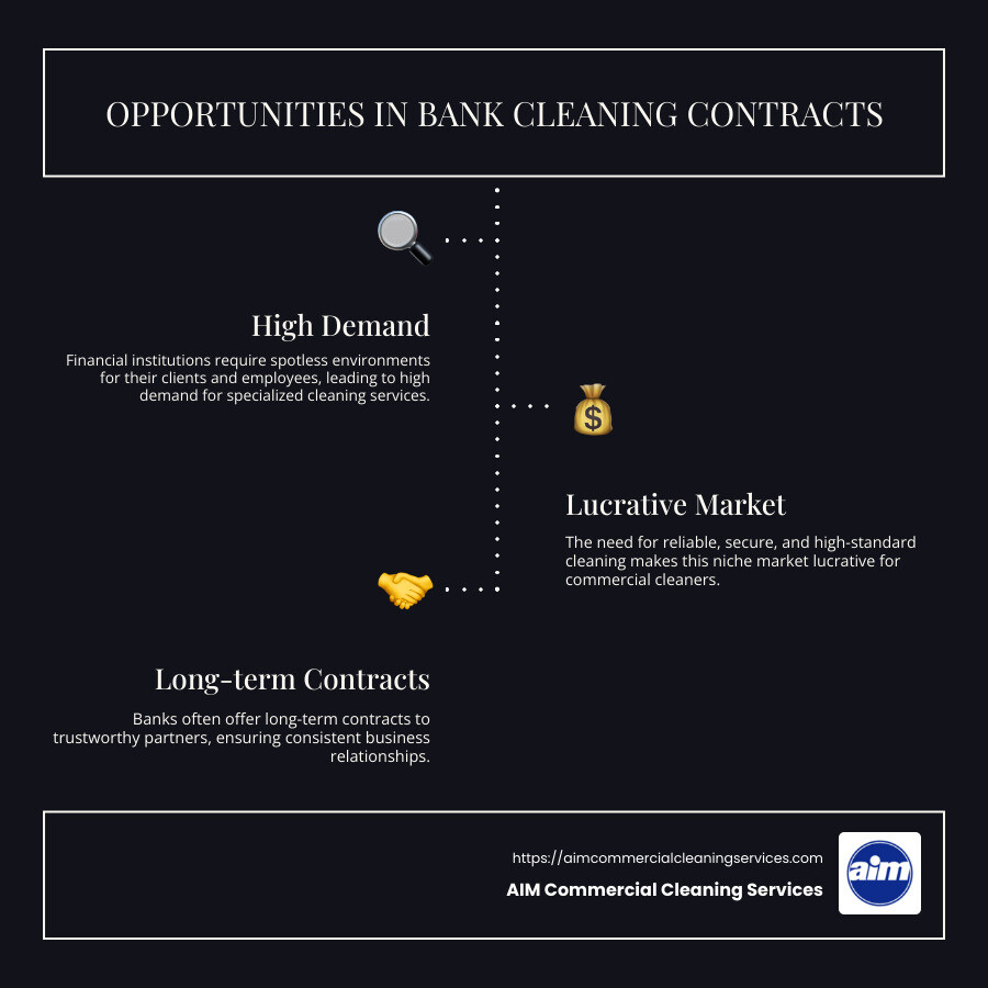 Infographic explaining bank cleaning contracts opportunities - bank cleaning contracts infographic infographic-line-3-steps-dark