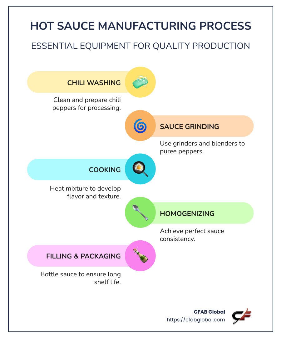 Infographic: Essential Equipment for Hot Sauce Manufacturing - hot sauce manufacturing equipment infographic infographic-line-5-steps-colors