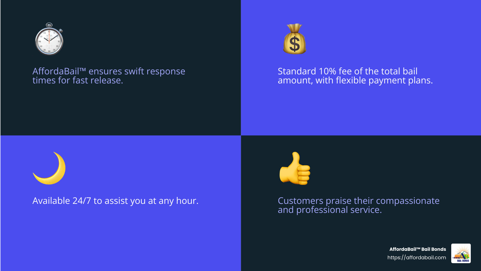 Customer review highlighting AffordaBail's compassionate service - bondsman johnson city tn infographic 4_facts_emoji_blue