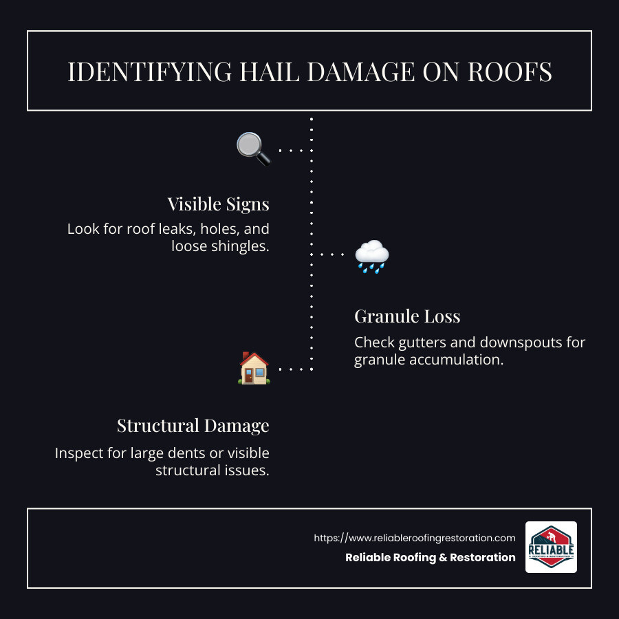 An infographic detailing common indicators of hail damage on roofs including visible leaks, dents, granule loss, and insurance assessment steps. - how much hail damage to replace roof infographic infographic-line-3-steps-dark