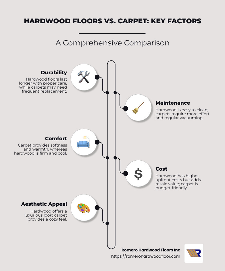Different flooring options infographic with pros and cons of hardwood floors versus carpet, including cost, maintenance, resale value, and durability - Hardwood floors versus carpet infographic infographic-line-5-steps-neat_beige