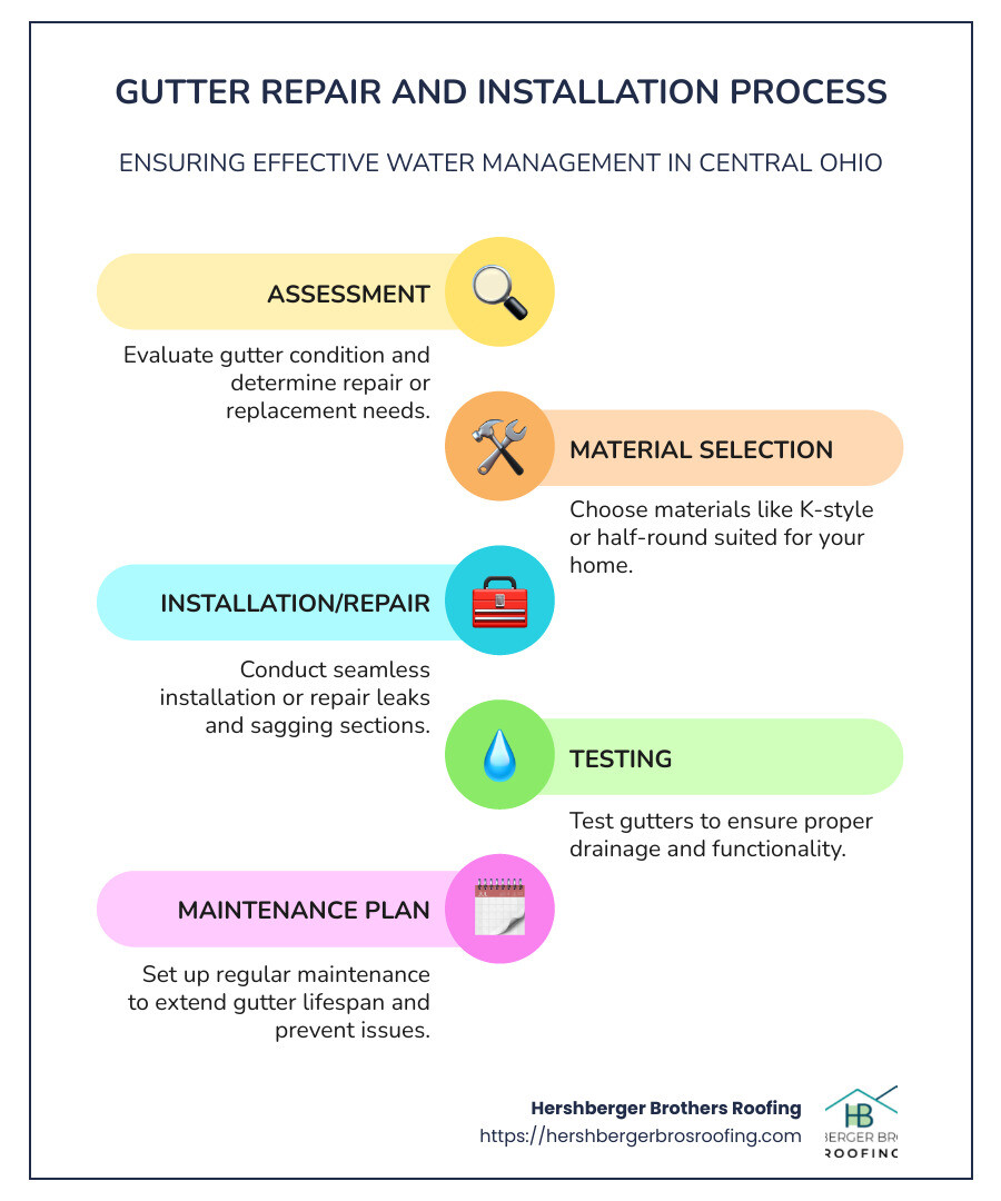 Infographic detailing gutter repair and installation process in Central Ohio, including key steps and benefits - gutter repair and installation central ohio infographic infographic-line-5-steps-colors