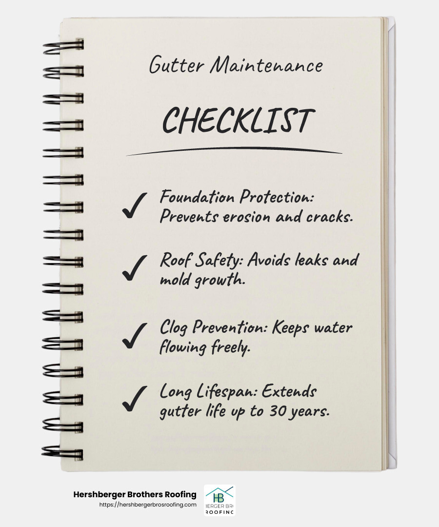 Regular maintenance increases gutter lifespan and efficiency - gutter repair and installation central ohio infographic checklist-notebook