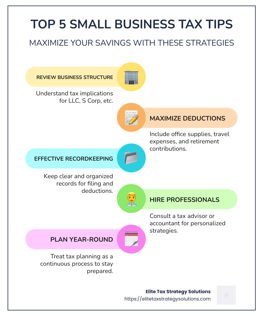 Infographic displaying top tax tips for small businesses: reviewing the business structure, maximizing deductions, effective recordkeeping, hiring professionals, and planning year-round - small business tax tips infographic infographic-line-5-steps-colors
