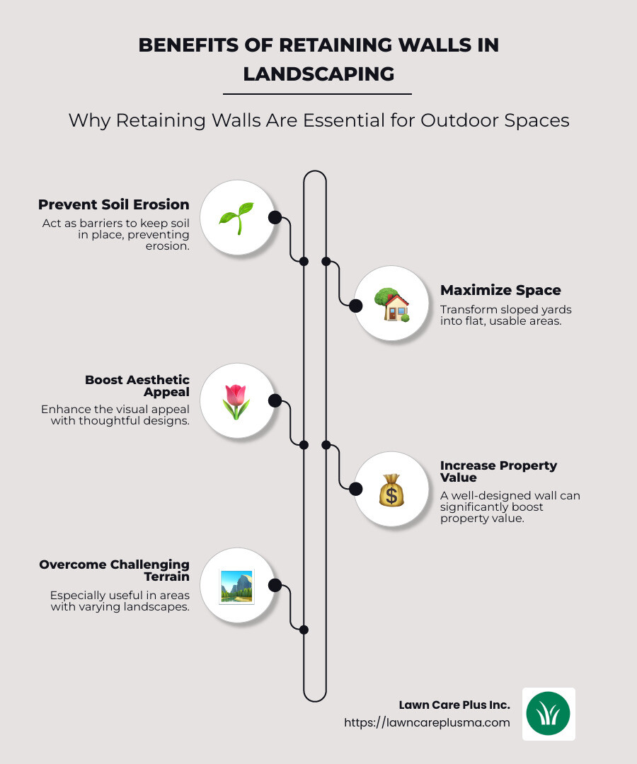 Infographic showing benefits of retaining walls in landscaping, including prevention of soil erosion, maximization of space in sloped yards, improvement in aesthetic appeal, and increase in property value - retaining walls and landscaping infographic infographic-line-5-steps-neat_beige