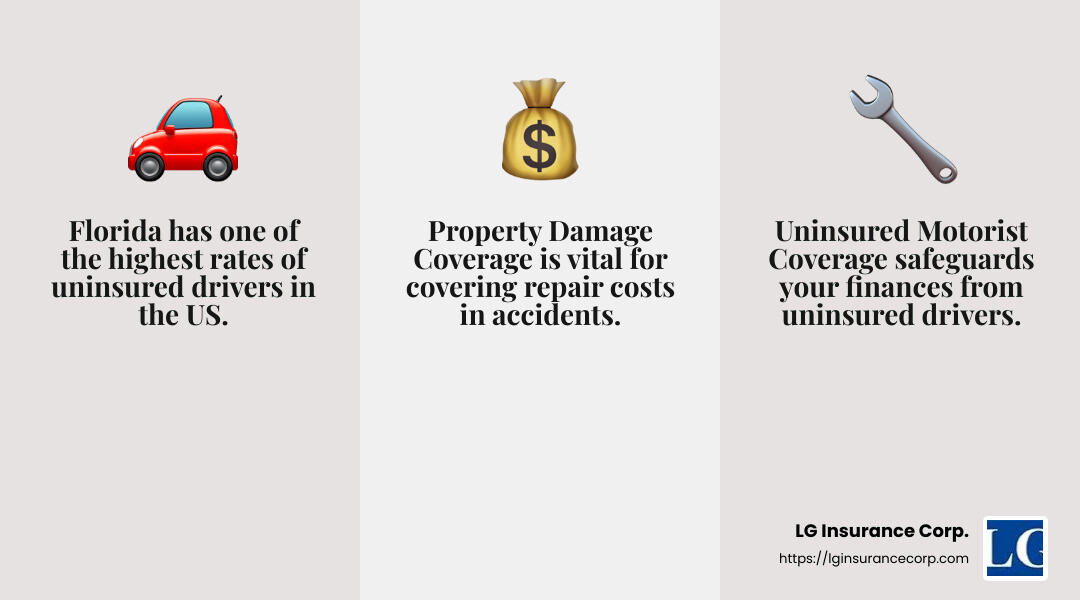 In Florida, uninsured motorist coverage is essential due to high rates of uninsured drivers. - Florida commercial auto insurance infographic 3_facts_emoji_grey