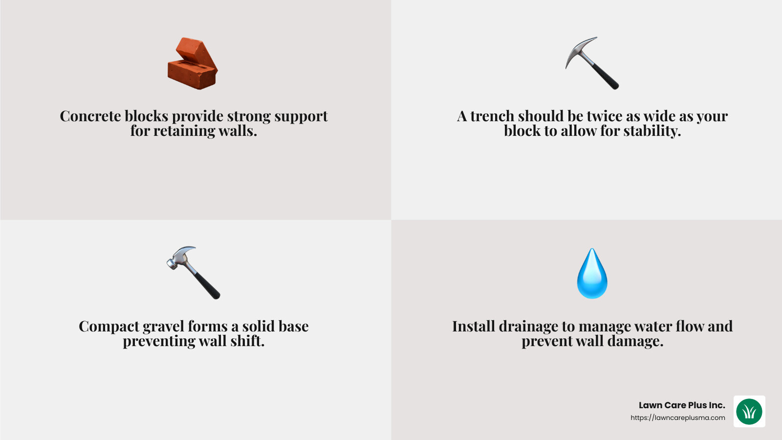 Tip: Brush off the first course of blocks with a broom to remove any debris. - retaining walls and landscaping infographic 4_facts_emoji_grey