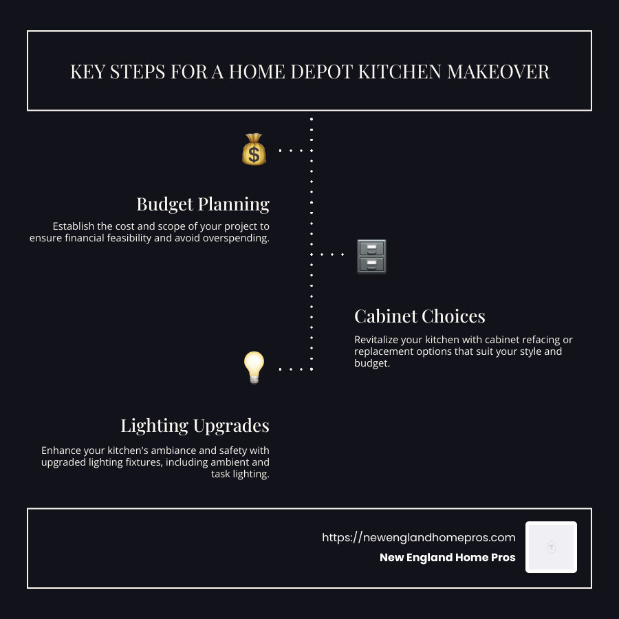 Key Steps for a Home Depot Kitchen Makeover: Budget Planning, Cabinet Choices, and Lighting Upgrades - home depot kitchen makeover infographic infographic-line-3-steps-dark