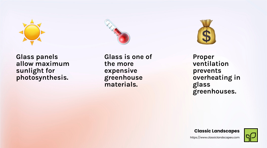 Proper ventilation is crucial for glass greenhouses to prevent overheating. - greenhouse materials infographic 3_facts_emoji_light-gradient