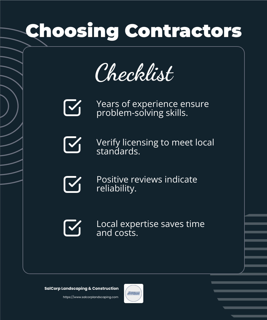 Experience matters: Contractors with years of experience bring valuable problem-solving skills to your project. - masonry and concrete contractors near me infographic checklist-dark-blue