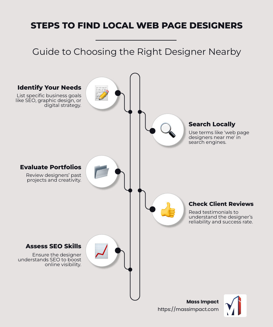 Detailed infographic showing the steps to find local web page designers, including identifying your needs, checking portfolios, reading reviews, and evaluating SEO capabilities. - web page designers near me infographic infographic-line-5-steps-neat_beige