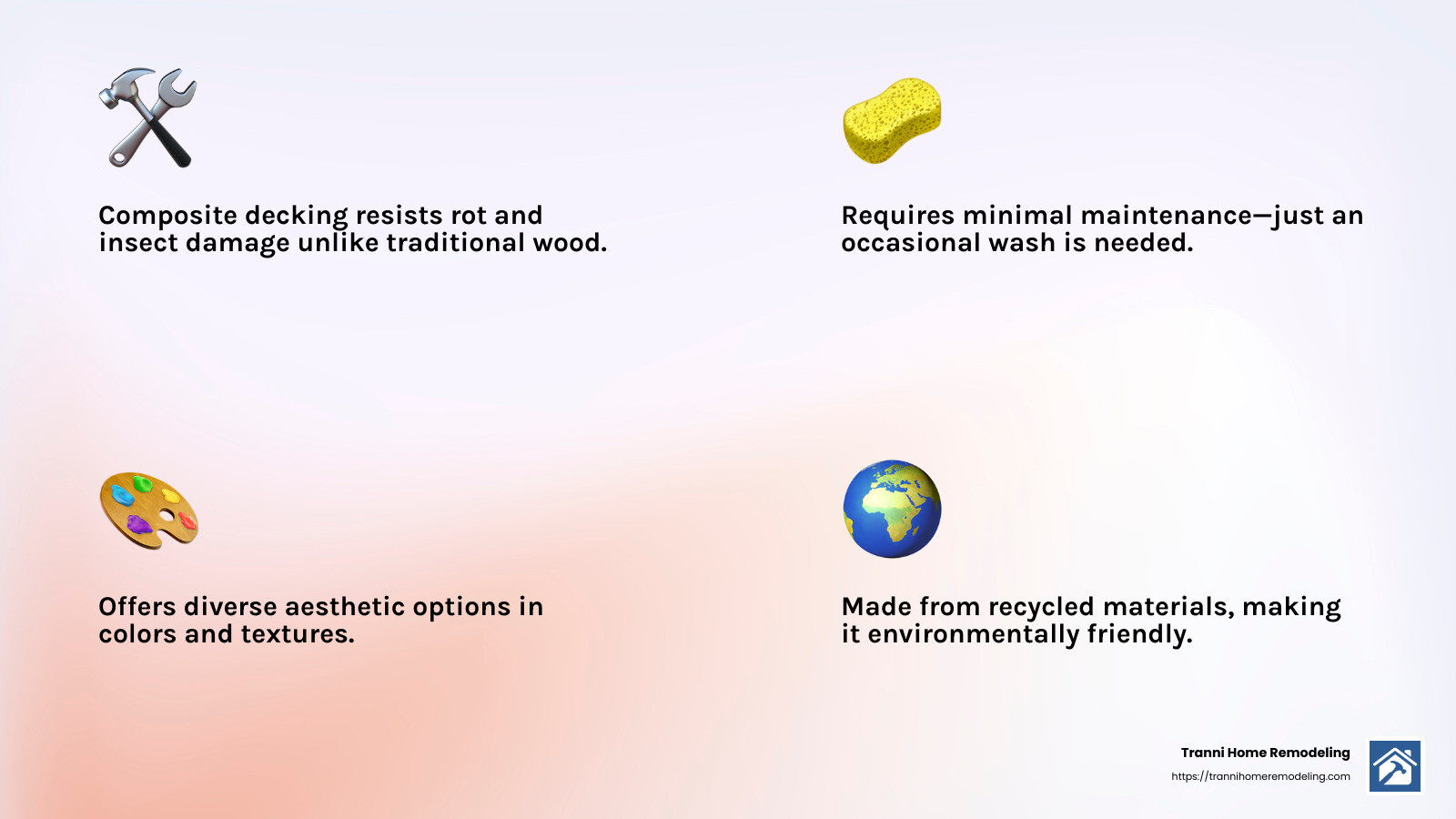 Composite decking is engineered for durability and low maintenance, offering a range of aesthetic options while being environmentally friendly. - composite decking installers near me infographic 4_facts_emoji_light-gradient
