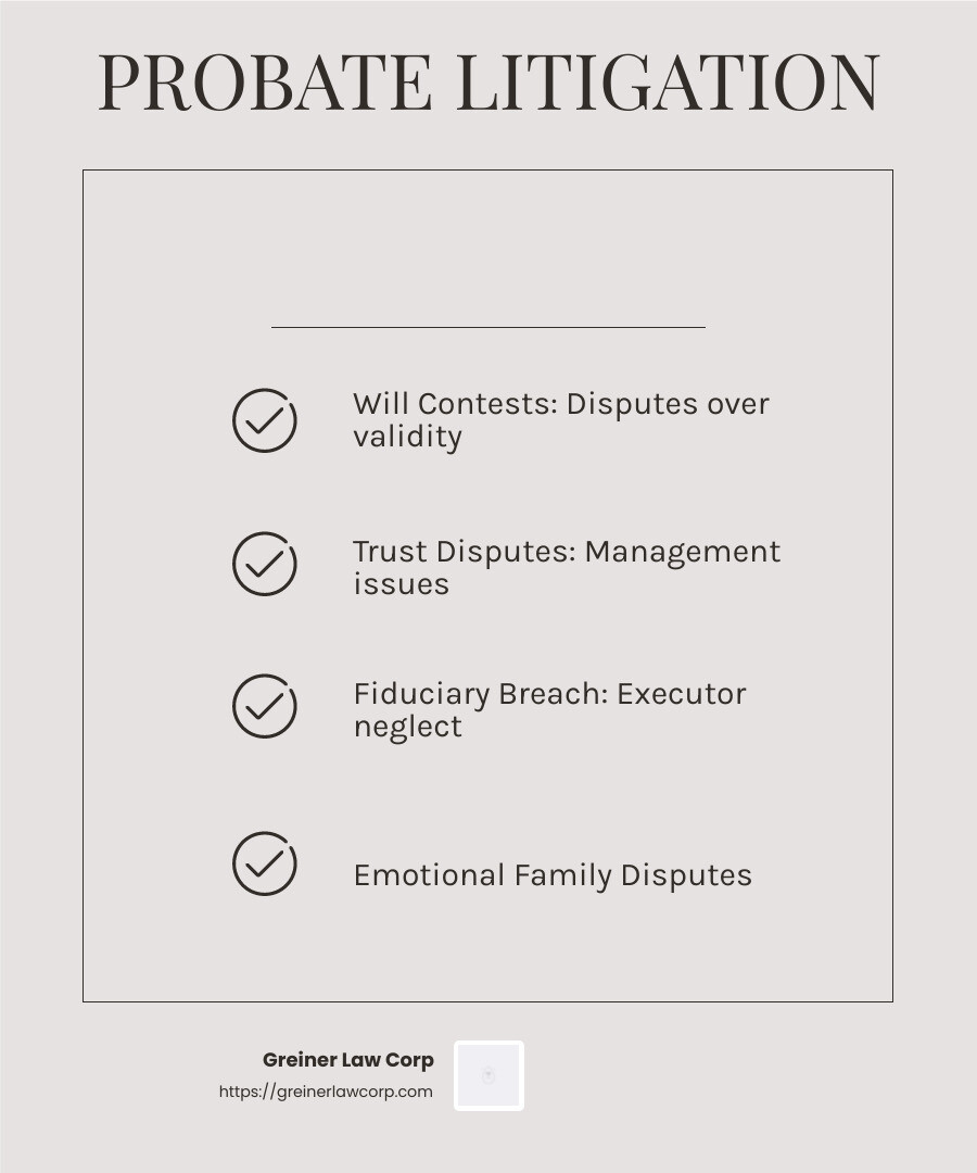 893cc8c2aaded9e8ed42389cee73c67d6f05a17f The Ins and Outs of Probate Court Litigation Explore probate court litigation, understand causes, navigate processes, and learn strategies to avoid disputes. Get expert insights now! Common causes of probate litigation - probate court litigation infographic checklist-light-beige