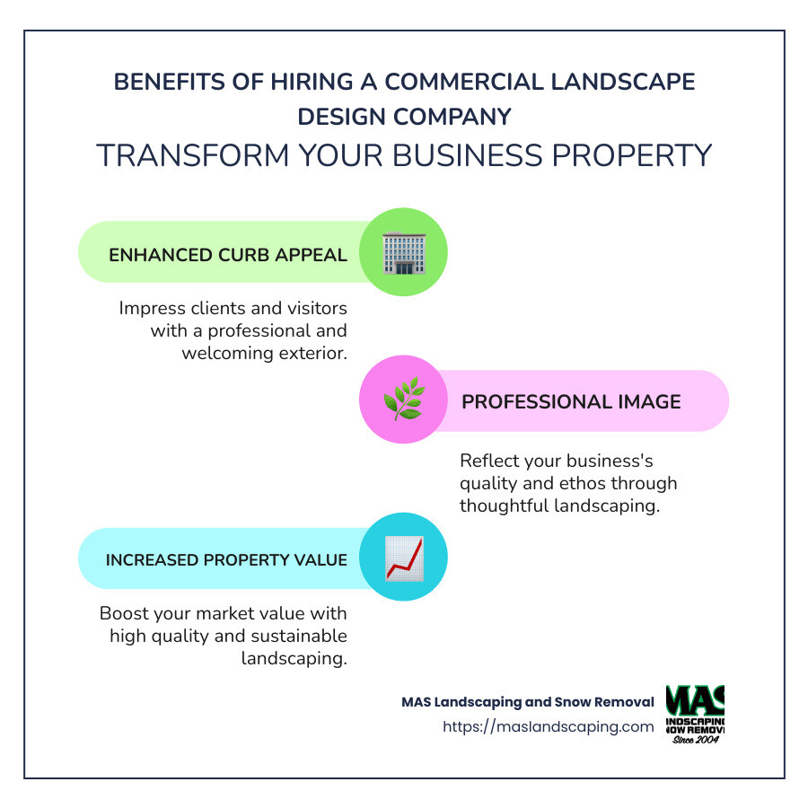 infographic of commercial landscape design benefits - commercial landscape design company infographic infographic-line-3-steps-colors