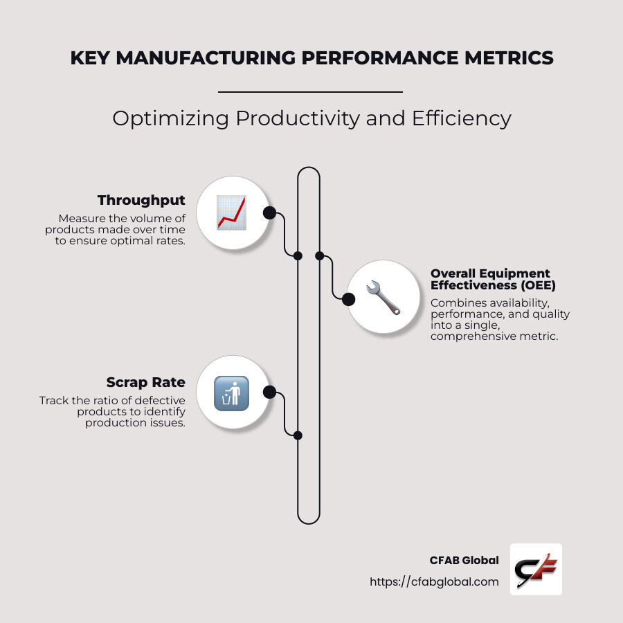Infographic detailing key manufacturing performance metrics, including Throughput, OEE, Scrap Rate, Cycle Time, and Planned Maintenance - key performance metrics for manufacturing infographic infographic-line-3-steps-neat_beige