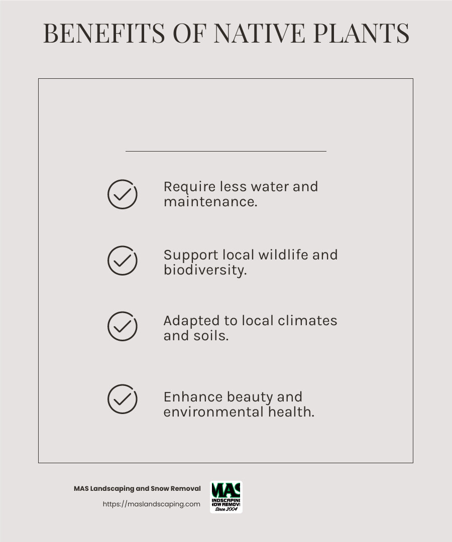The benefits of using native plants in landscape design are numerous and include reduced maintenance and support for local wildlife. - commercial landscape design company infographic checklist-light-beige