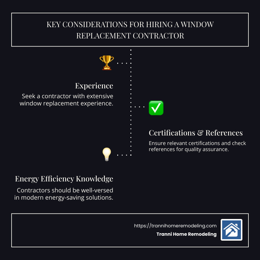 Key Considerations for Hiring a Window Replacement Contractor – Experience, Certifications, References, Pricing, Energy Efficiency Knowledge - window replacement contractor infographic infographic-line-3-steps-dark Key Considerations for Hiring a Window Replacement Contractor – Experience, Certifications, References, Pricing, Energy Efficiency Knowledge - window replacement contractor infographic infographic-line-3-steps-dark