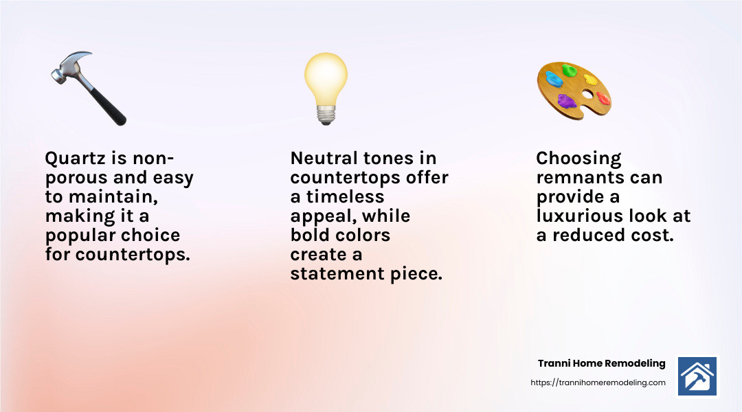 Countertop materials like quartz and granite offer durability and style. - kitchen remodeling services infographic 3_facts_emoji_light-gradient