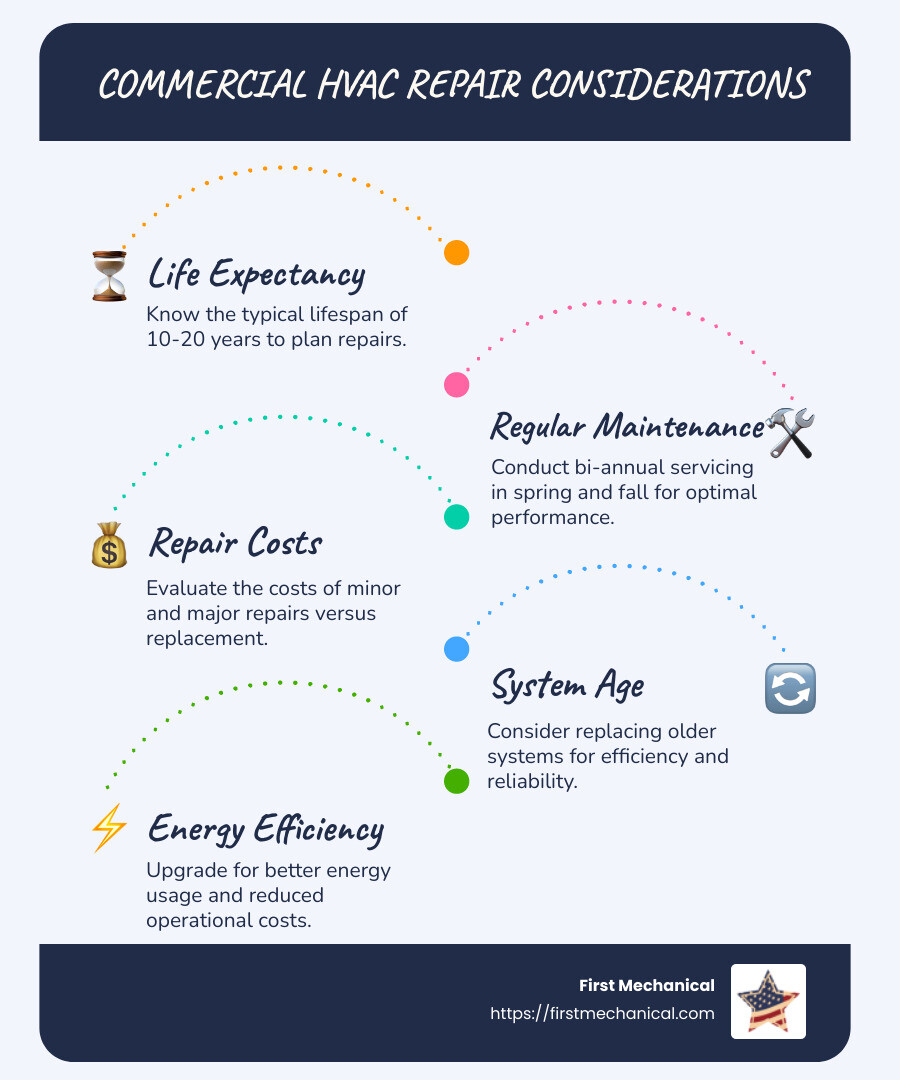 HVAC maintenance infographic showing lifespan, maintenance frequency, and repair cost insights - commercial hvac repairs near me infographic infographic-line-5-steps-blues-accent_colors
