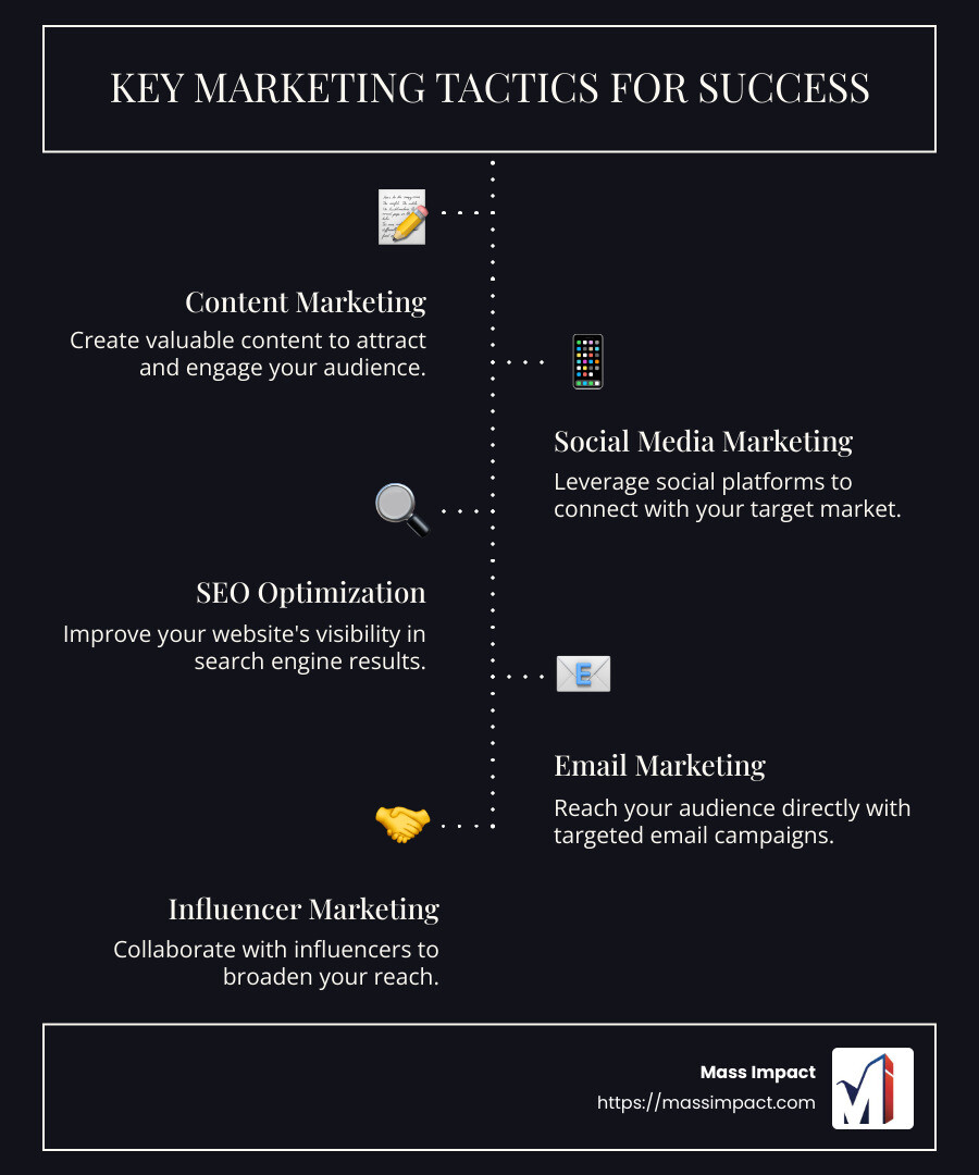 Detailed breakdown of marketing tactics examples with visuals and statistics showing success rates, engagement, and conversion metrics in various industries - marketing tactics examples infographic infographic-line-5-steps-dark