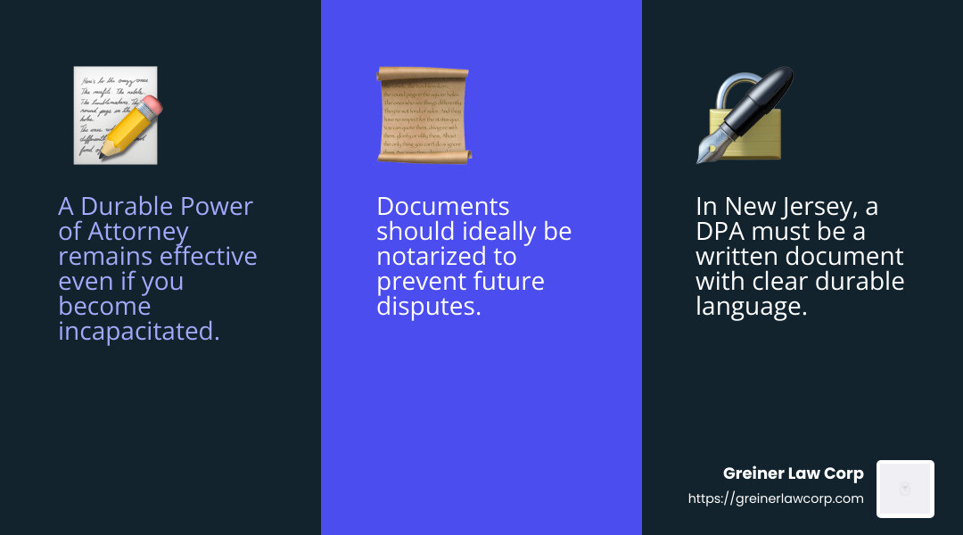 Creating a durable power of attorney involves specific legal requirements to ensure its validity and effectiveness. - Durable power of attorney infographic 3_facts_emoji_blue