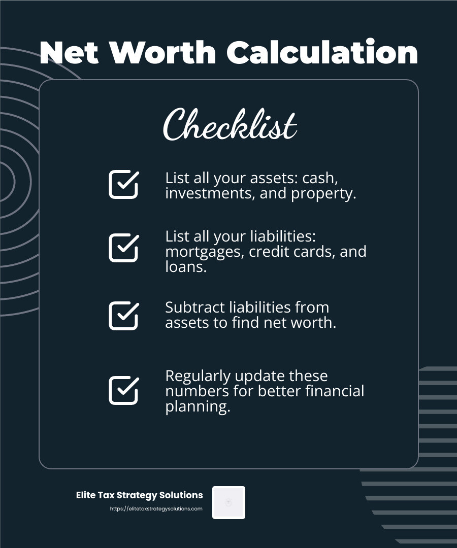 Net worth calculation is crucial for understanding financial health. - financial stability planning infographic checklist-dark-blue