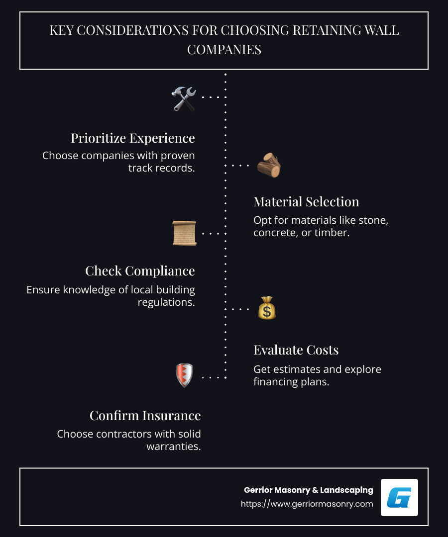 Checklist of considerations for choosing retaining wall companies infographic - retaining wall companies near me infographic infographic-line-5-steps-dark
