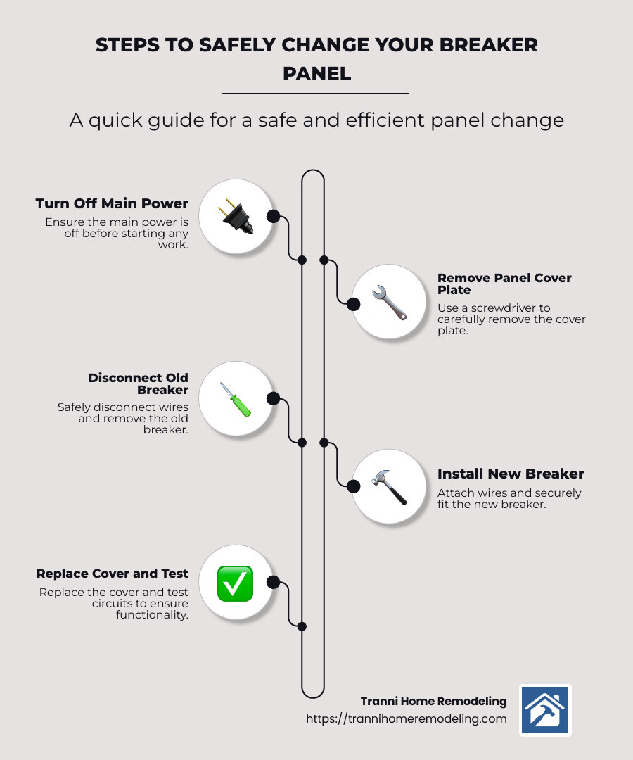infographic showing steps to change breaker panel and safety tips - change breaker panel infographic infographic-line-5-steps-neat_beige