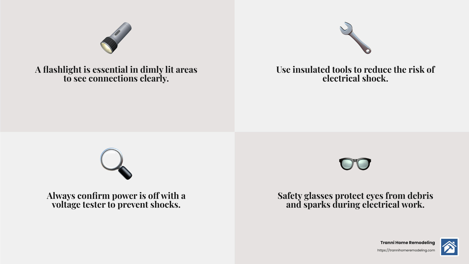 Using the right tools and materials is crucial for a safe and successful breaker panel replacement. - change breaker panel infographic 4_facts_emoji_grey
