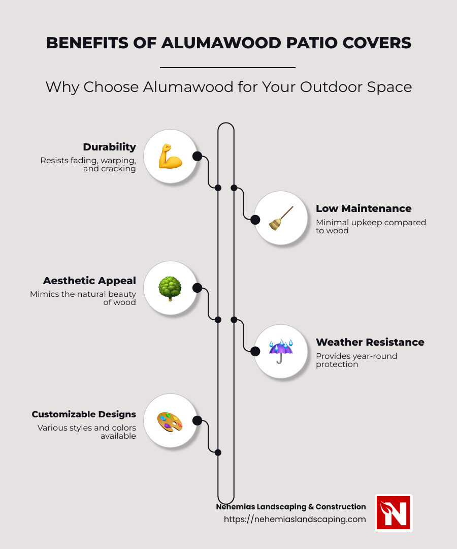 Comparison of Alumawood features and benefits - alumawood patio installers infographic infographic-line-5-steps-neat_beige