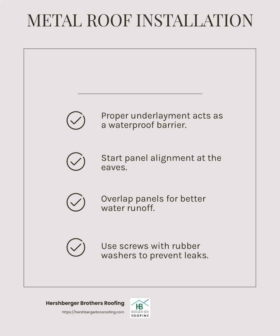 Proper fastener placement ensures the longevity and reliability of your metal roof. - metal roofs installation infographic checklist-light-beige
