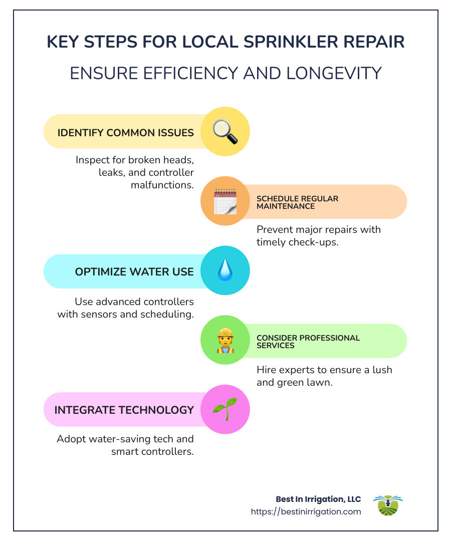 7aeb3118e8102c0f489fcbd2cbe399c78c1aaa49 Sprinkler SOS: Navigating Local Repair Services for a Greener Lawn Infographic showing key steps for local sprinkler repair: identifying common issues, regular maintenance, optimizing water use - local sprinkler repair infographic infographic-line-5-steps-colors