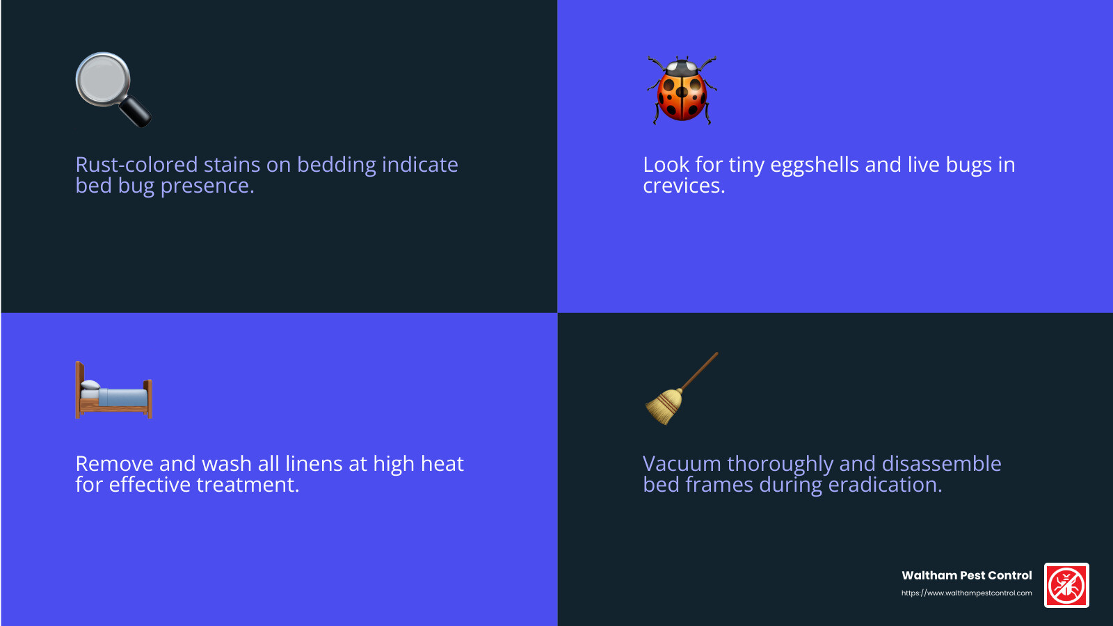 Infographic showing bed bug infestation signs and treatment steps - Emergency pest control infographic 4_facts_emoji_blue