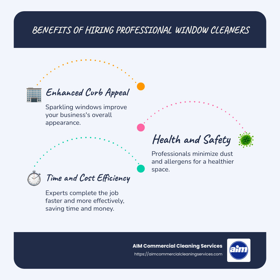 Benefits of hiring professional window cleaners infographic showing curb appeal, health benefits, and time savings with icons and simple diagrams - professional window cleaners near me infographic infographic-line-3-steps-blues-accent_colors